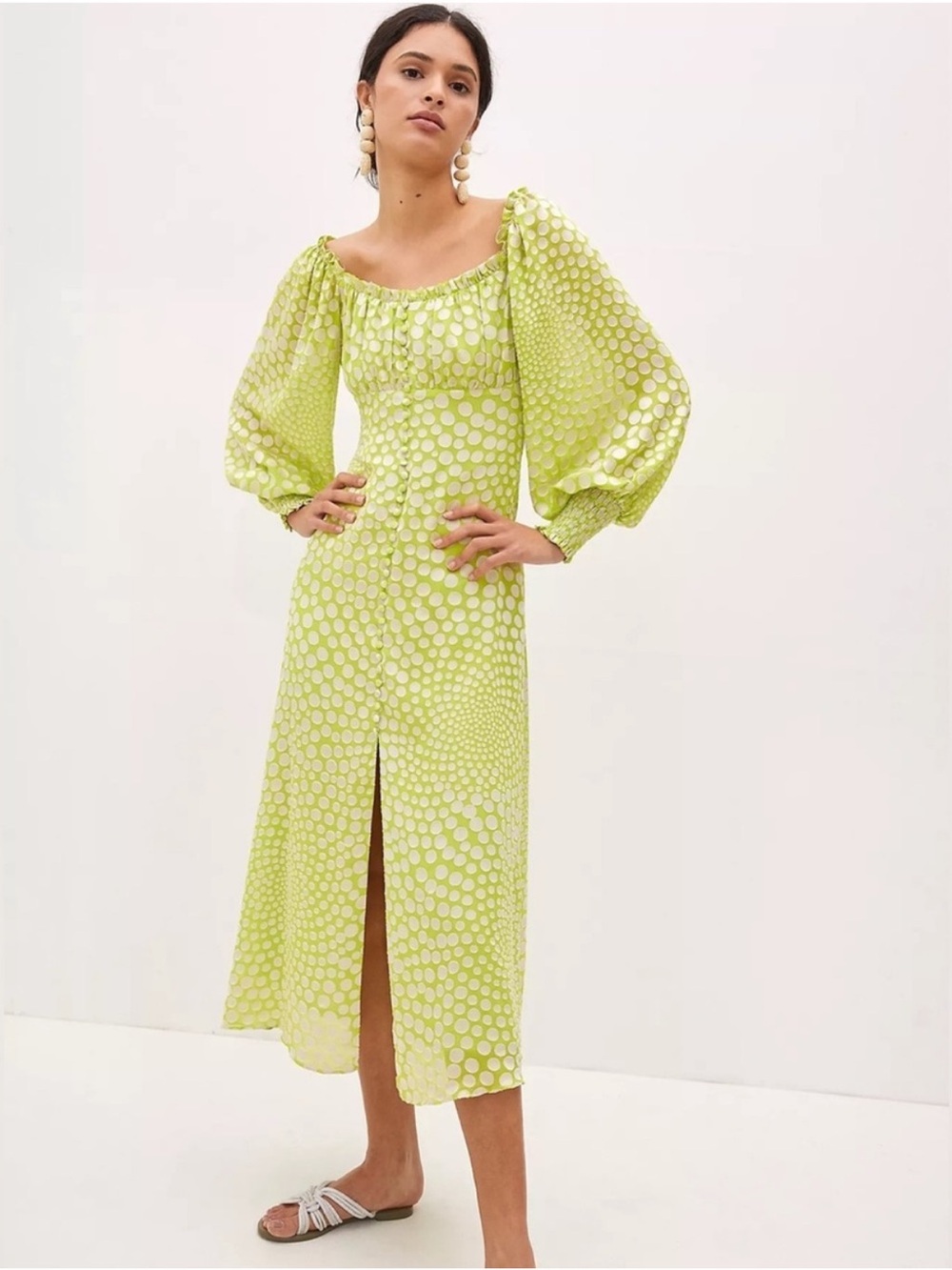 NWT Anthropologie Exquise Meryl Polka Dot Midi Dress Balloon Sleeve Square Neck